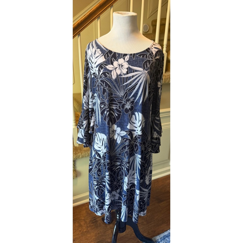 Glamour Women Blue White Tropical Floral Ruffle Bell Sleeve Shift Dress Size 14